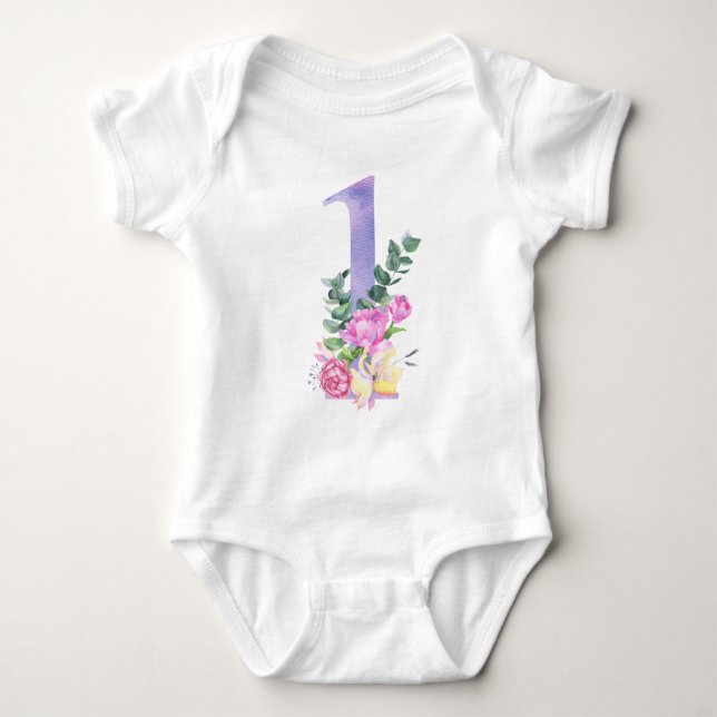 Flowers purple number first birthday party baby bodysuit (Front)
