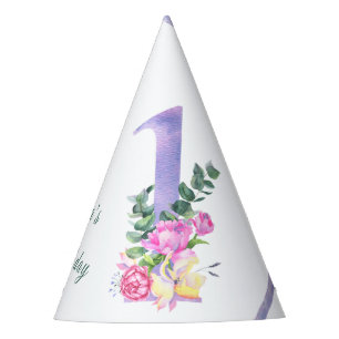 Flowers purple ribbon first birthday party hat