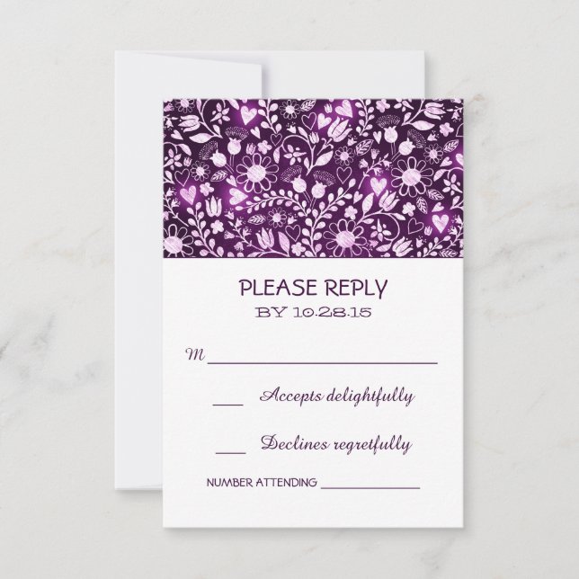 Flowers purple rustic wedding RSVP cards (Front)