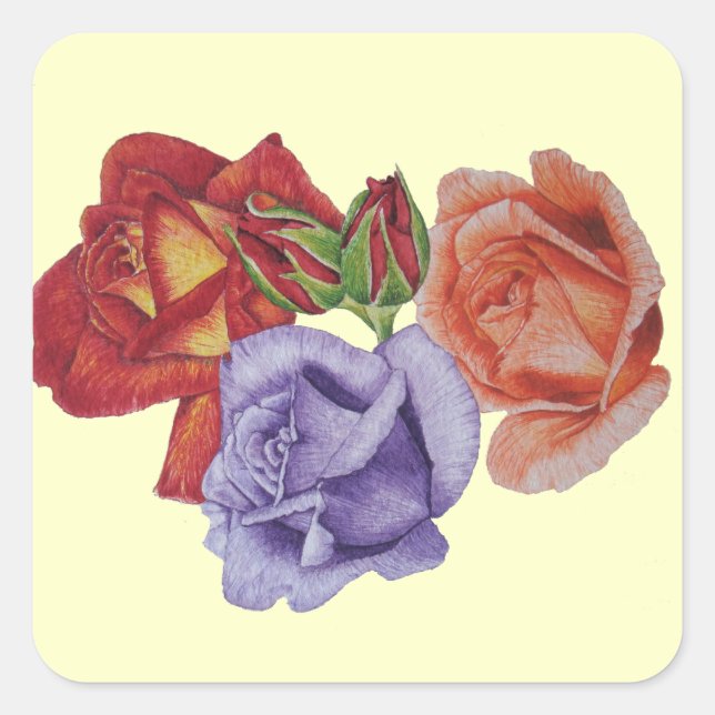 flowers red roses and rose buds floral art square sticker (Front)