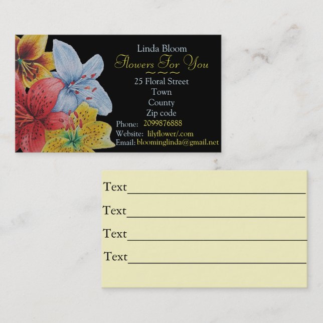flowers red yellow blue Lilies original florists Business Card (Front/Back)