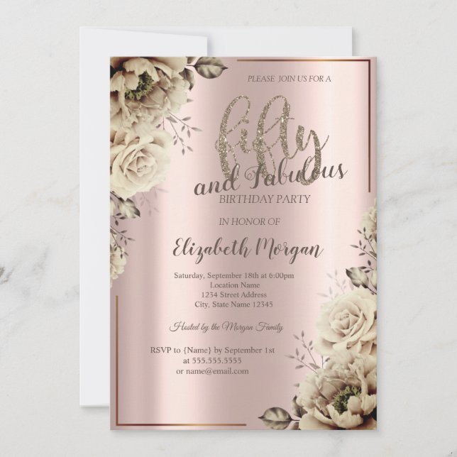Flowers Rose Gold 50th Birthday Party   Invitation (Front)