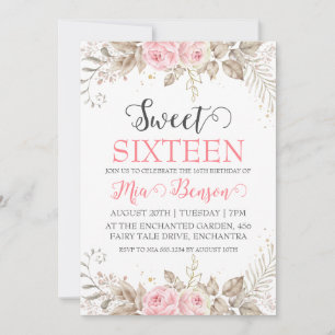 flowers rose gold sweet 16 birthday invitations