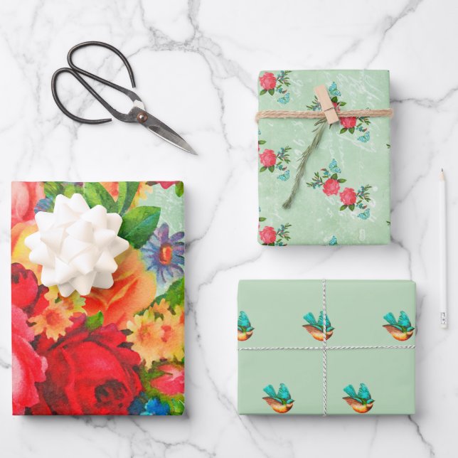 Flowers, Roses and Bluebirds Wrapping Paper Sheet (Front)