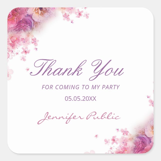 Flowers Roses Hand Script Thank You Template Square Sticker (Front)