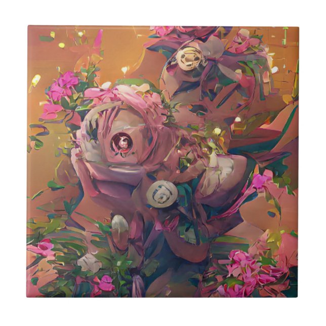Flowers roses pink orange green digital art  ceramic tile (Front)