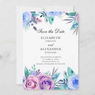 Flowers save the date. Purple and blue wedding Invitation