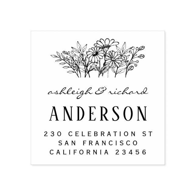 Flowers Script Wedding Names Custom Return Address Rubber Stamp (Imprint)