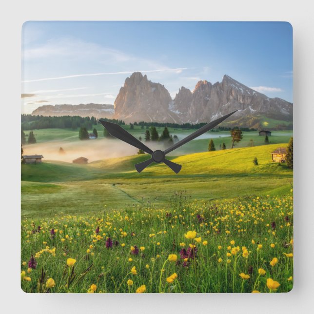 Flowers | Spring Alpe di Siusi Langkofel Square Wall Clock (Front)