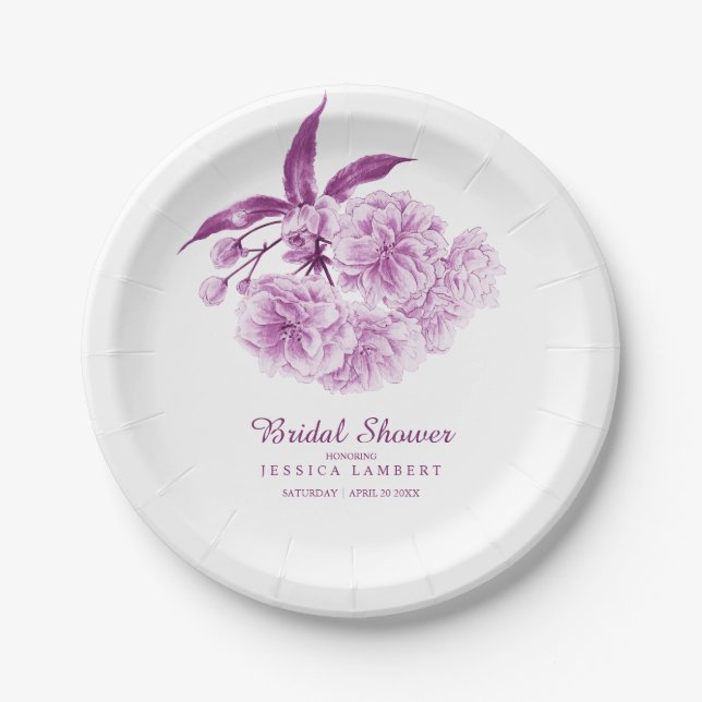 Flowers spring blossom purple mauve bridal shower paper plate (Front)