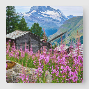 Flowers   Summer Matterhorn Switzerland Square Wall Clock