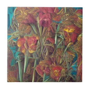Flowers surreal pink green digital art ceramic tile