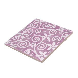 Flowers Swirls Dusty Pink White Pattern Whimsical Ceramic Tile