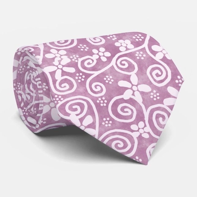 Flowers Swirls Dusty Pink White Pattern Whimsical Tie (Rolled)