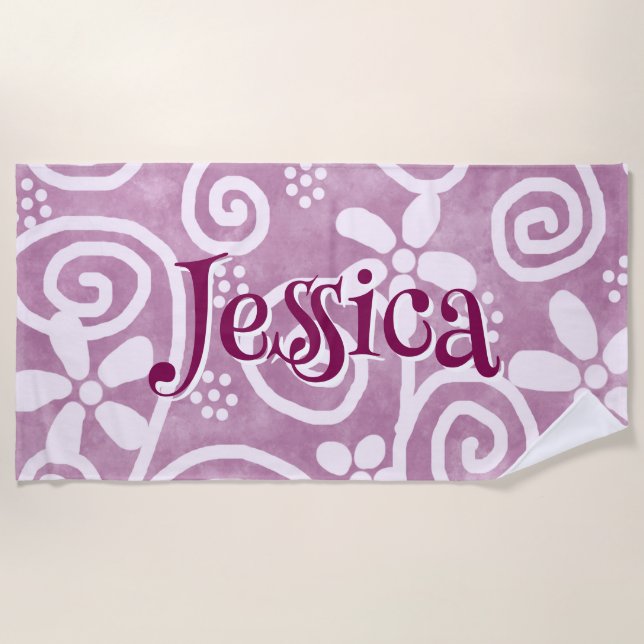 Flowers Swirls Pink White Pattern Personalised Beach Towel (Front)
