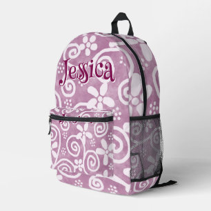 Flowers Swirls Pink White Pattern Personalised Printed Backpack