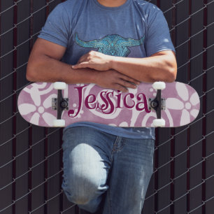 Flowers Swirls Pink White Pattern Personalised Skateboard