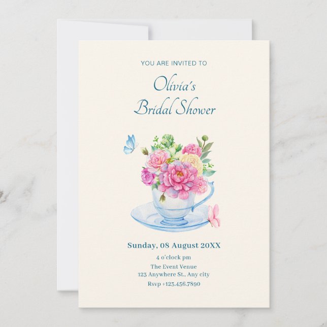 Flowers tea cup bridal shower invitation (Front)