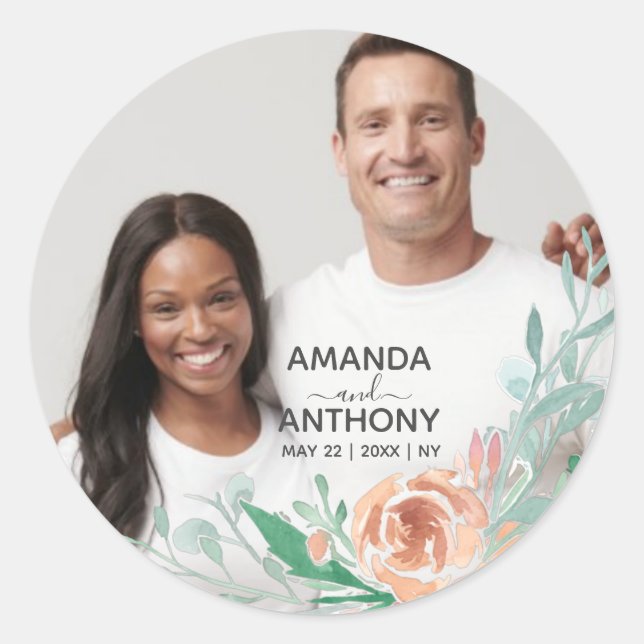 Flowers text and custom photo classic round sticker (Front)