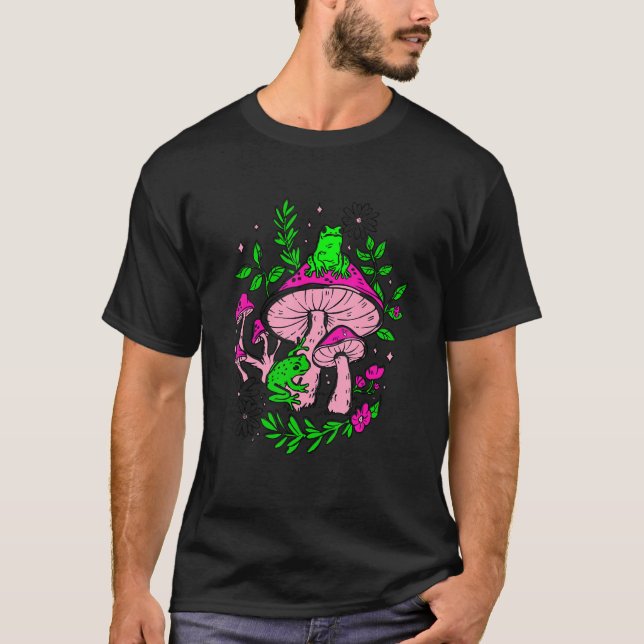Flowers Toadstool Hut Pink Frogs T-Shirt (Front)