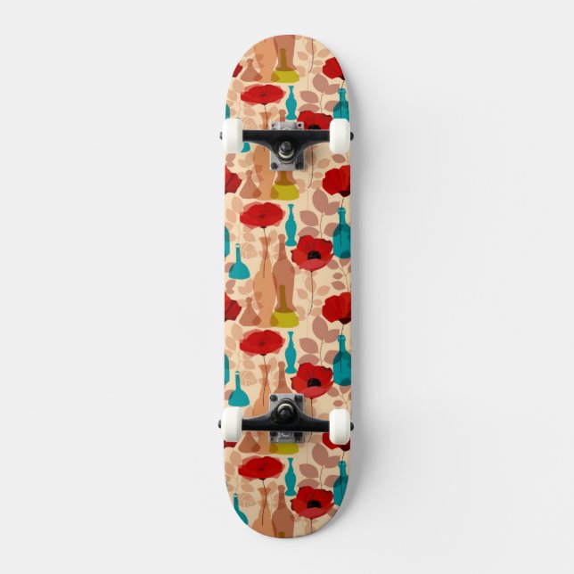 Flowers, vases and bottles pattern skateboard (Front)