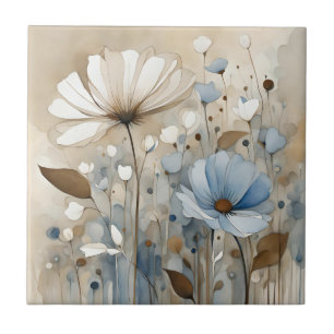 Flowers Watercolor Abstract Beige Grey Ceramic Tile