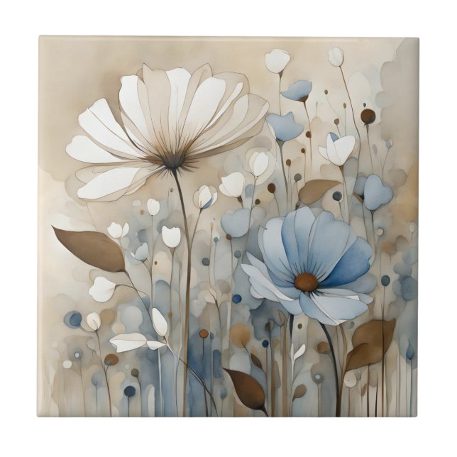 Flowers Watercolor Abstract Beige Grey  Ceramic Tile (Front)