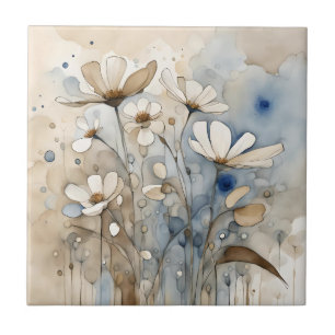 Flowers Watercolor Abstract Beige Grey Ceramic Tile