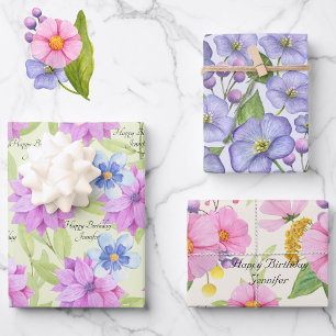 Flowers Watercolor NAME Floral Cute Summer Womens Wrapping Paper Sheet