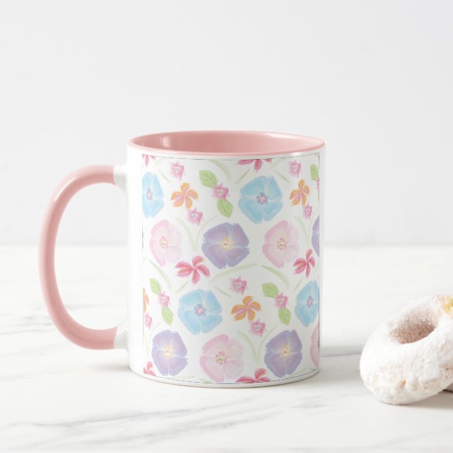 Flowers Watercolor Soft Pink , Blue, Romantic Mug (With Donut)