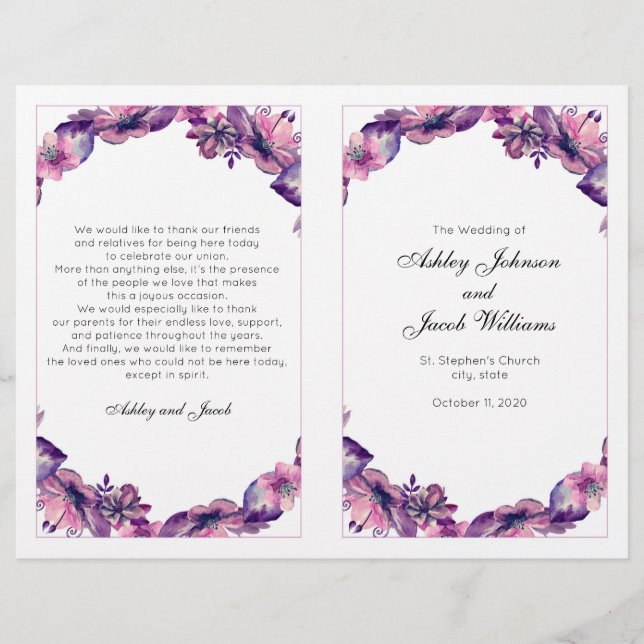 Flowers wedding program. Purple church ceremony (Front)