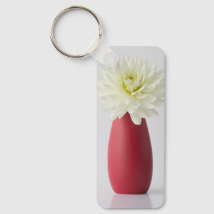 Flowers White Dahlia in Red Vase Key Ring