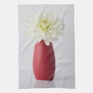 Flowers   White Dahlia in Red Vase Tea Towel