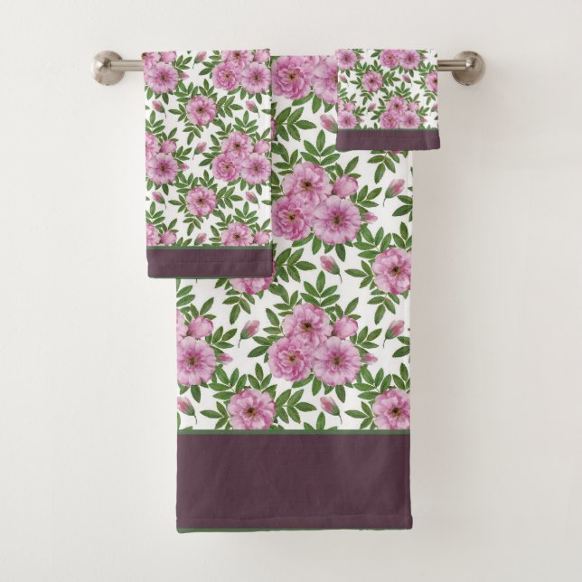 Flowers Wild Rose Foliage Pink Green  Bath Towel Set (Insitu)