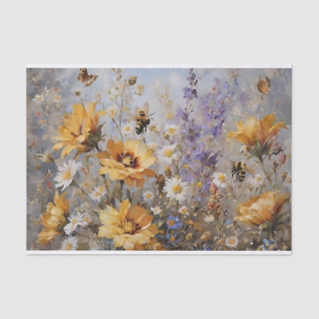 Flowers with Bee's and Butterflies Decoupage Tissue Paper (Front)