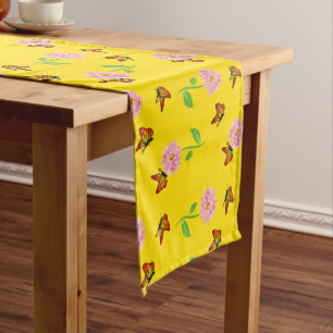 flowers with butterflies on a yellow background short table runner
