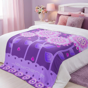 Flowers With Hearts In Purple & Pink Fleece Blanket