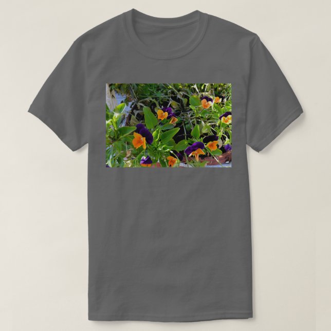 Flowers with orange and purple petals in pots T-Shirt (Design Front)