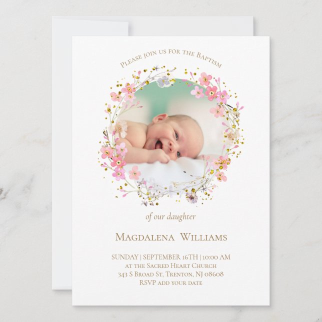  flowers wreath photo frame | Baptism Invitation (Front)