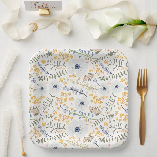 Flowers Yellow Blue Botanical Event Paper Plate (Wedding)