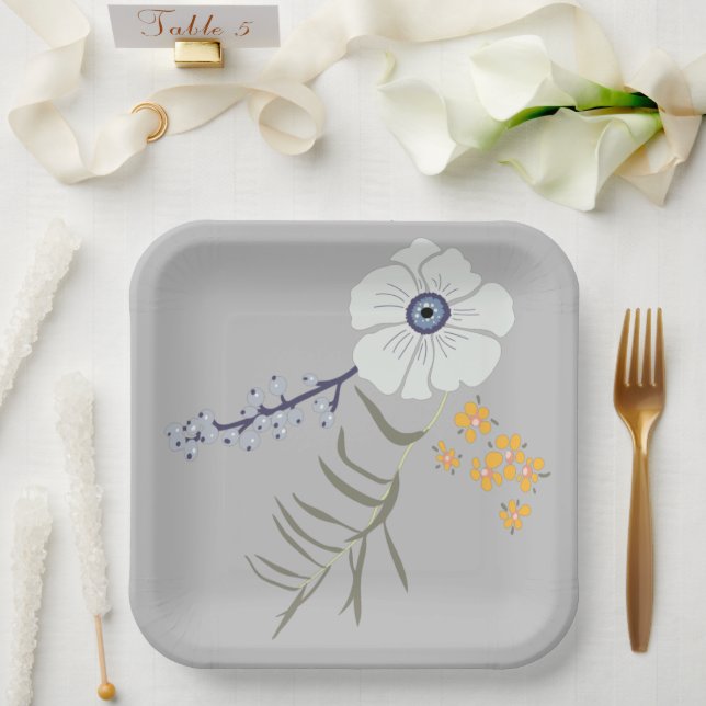Flowers Yellow Blue Botanical Event Paper Plate (Wedding)