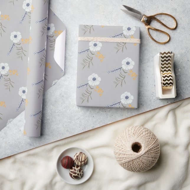 Flowers Yellow Blue Botanical Pattern Gift Wrapping Paper (Sweet Spring Floral Flower Motif Blue Gray Yellow Wrapping Paper from Studio Posies.)