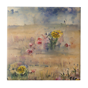 Flowers yellow in a field smoky blue sky art ceramic tile