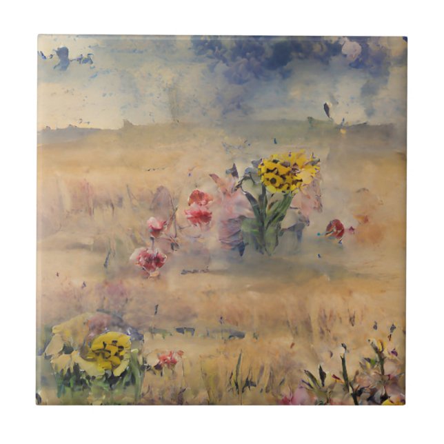 Flowers yellow in a field smoky blue sky art  ceramic tile (Front)