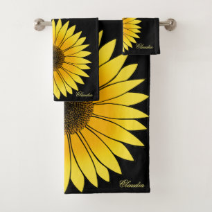 Flowers Yellow Sunflower on Black Background Bath Towel Set