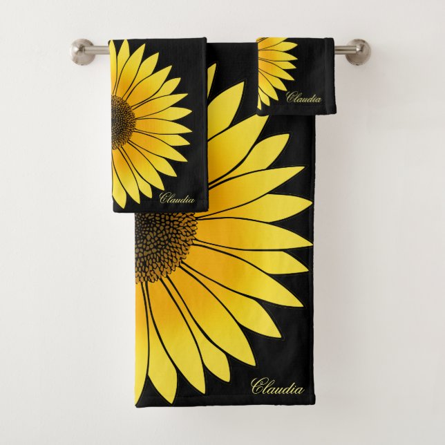 Flowers Yellow Sunflower on Black Background Bath Towel Set (Insitu)