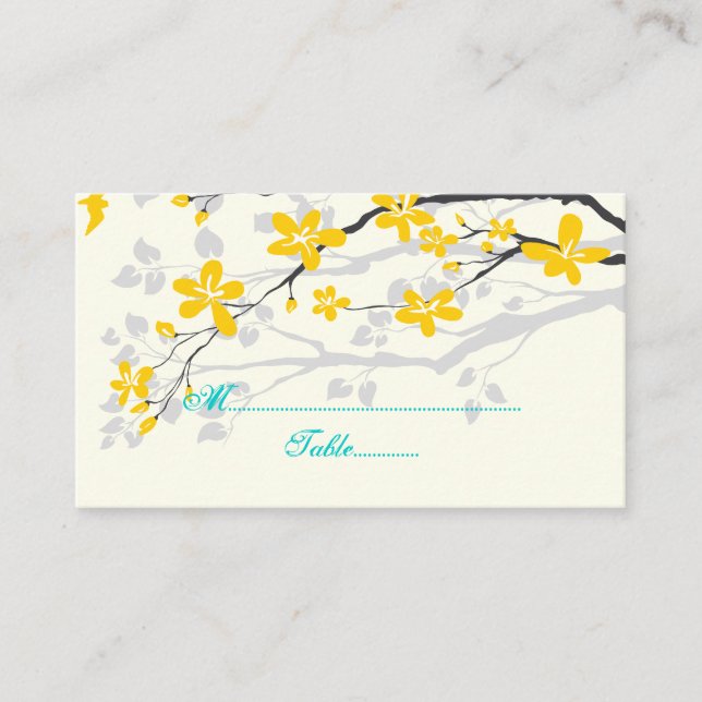 Flowers yellow turquoise wedding place card (Front)