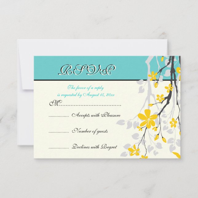 Flowers yellow turquoise wedding RSVP card (Front)