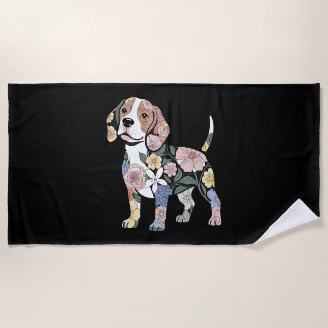Flowery Beagle Silhuette Design Beach Towel (Front)