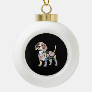 Flowery Beagle Silhuette Design Ceramic Ball Christmas Ornament